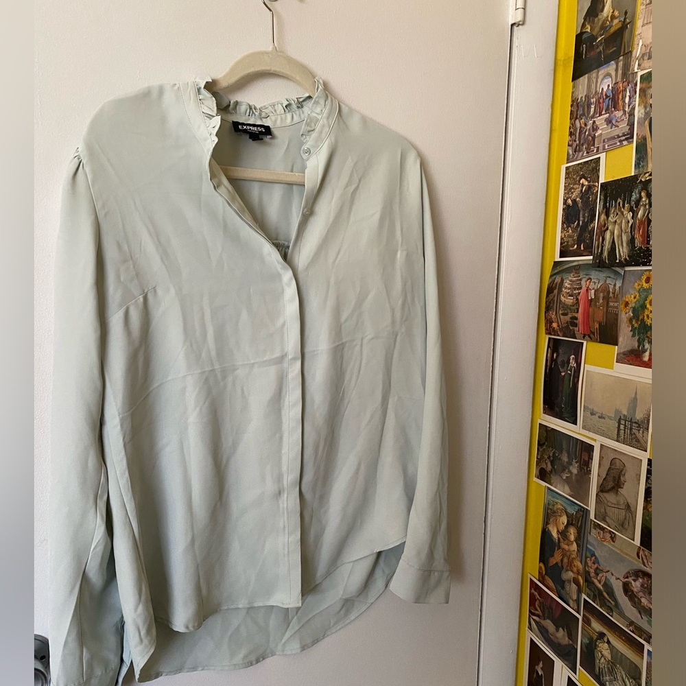 Express Portofino Seafoam Green Ruffled Blouse